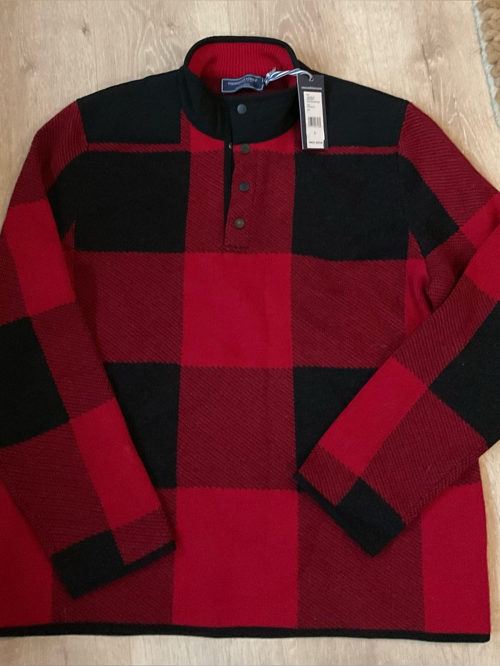 NEW Vineyard Vines Red & Black Buffalo Plaid Knit Sweater T snap moc mens